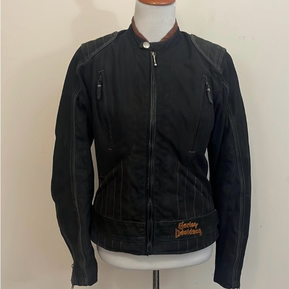 Harley Davidson Embroidered Motorcycle Jacket Rare Leather Trim Biker Style